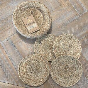 RIVANCIA Jute Woven 5" Round Coaster Set of 4 with Basket Holder